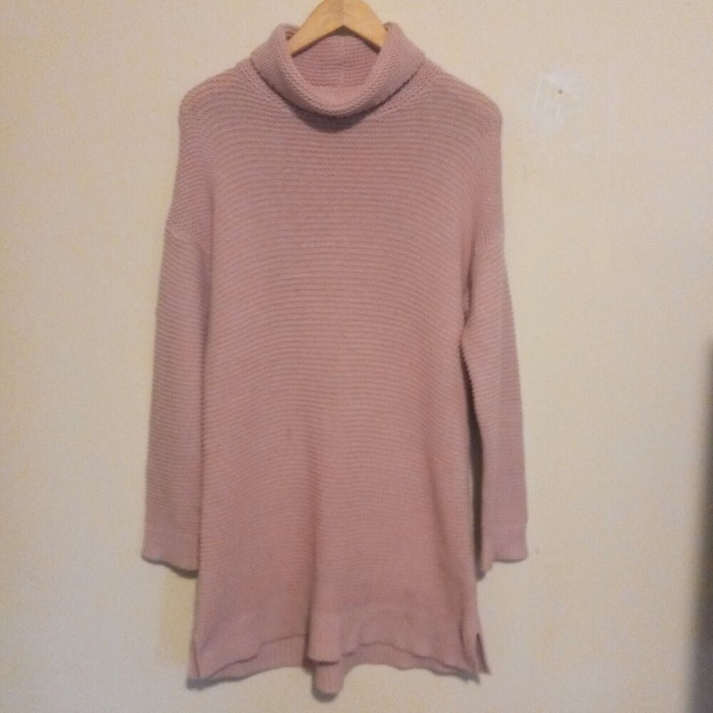 Lands End Chunky Knit Sweater Tunic Dress-Medium-Turtleneck-Side Slit-Dusty Pink